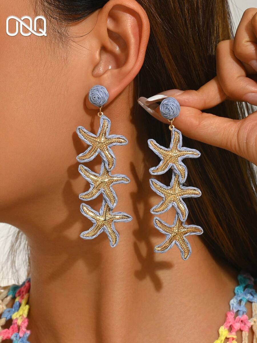 OOQ 1 Pair Summer Vacation Style Colorful Sea Star Metal Women's Earrings, Raffia Straw Woven Fashion Earrings, Summer Beach Holiday Gift For Friends And Family (Handmade Raffia Weaving, Random Direction And Shape) - Blue - View 1