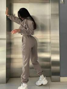 Ultra Soft Lined Sweatshirt & Jogger Pants Set, High Waist Loose Fit Casual Two-Piece Loungewear For Women #Workout Set - Brown - View 3