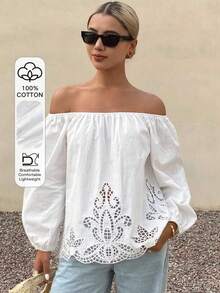 Blusa holgada de mujer con hombros descubiertos, manga larga, bordado hueco, casual y de vacaciones, verano estilo bohemio - Celeste - Ver 2