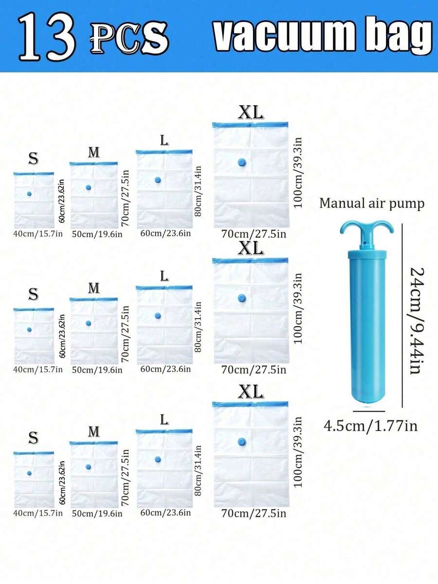 13-1件真空收納袋,適用於任何吸塵器,用於存放衣物和床上用品,節省空間、防塵防潮。使用方便:適用於任何家用吸塵器和電動抽氣泵,排出多餘空氣並用特殊雙層拉鍊密封袋口。 - 彩色 - 查看 1