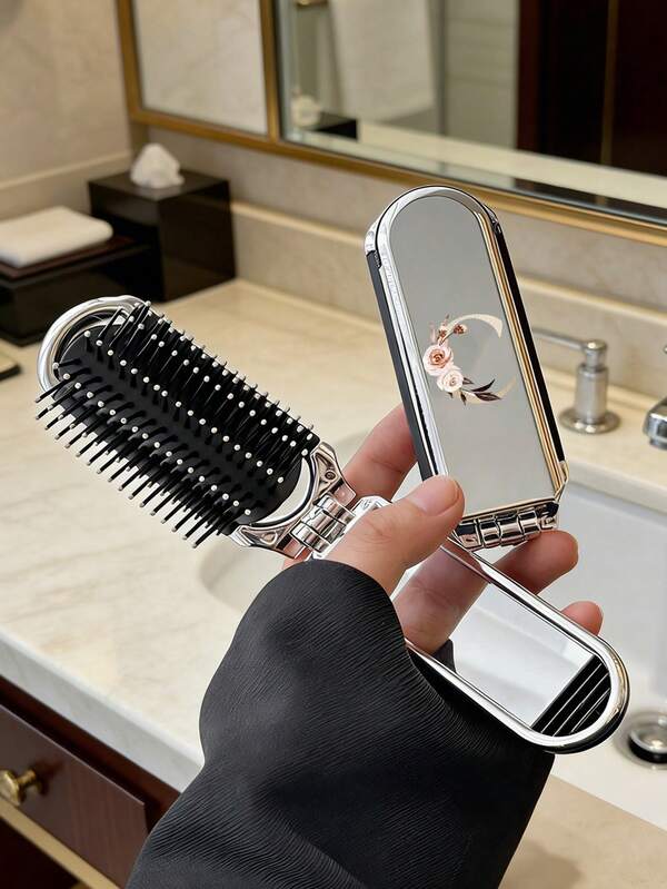 Silver Portable 2-In-1 Foldable Comb And Makeup Mirror, Printed With Gold Rose And Letter Pattern, Travel Beauty Tool, Folding Comb With Makeup Mirror, Easy To Carry, Suitable For Travel, Vacation, Dual-Use Air Cushion Comb, Scalp Massage Comb, Teacher's Day Gift, Summer Vacation Portable, Back To School Gift