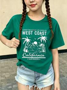 Tween Girls Round Neck Short Sleeve Casual Versatile Landscape Pattern T-Shirt Summer Vacation - Green - View 8