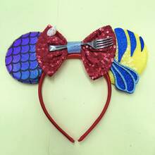 Disney Under The Sea Fairy Tale Color Block Fish Scale Sequin Headband Red Sequin Bow Fork Shell Tropical Fish Patch Amusement Park Headpiece - View 8