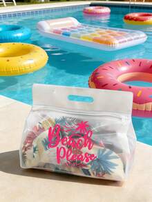 透明海灘包，大容量「Beach Please」字母印花果凍托特包，防水防沙拉鍊設計，可收納泳衣、毛巾、防曬霜及個人用品，適合海灘度假、泳池派對、露營野餐、短途旅行，適合學生、年輕女孩日常使用，七夕、生日、夏季節慶禮物，亦可用作盥洗包、購物袋、旅行收納袋，輕便便攜透明單肩包 - 彩色 - 查看 7