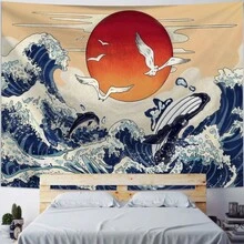1pc Seagull Wave Sun Bohemian Style Printed Tapestry, Includes 3 Wall Nails And 2 Clips, Printed Rectangular Bedroom Wall Decor Hanging Cloth With Drape - Multicolor - View 9