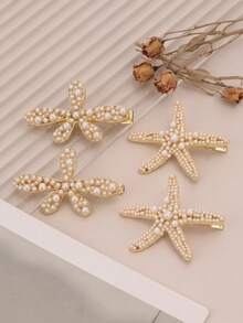 2 Peças Clipes de Cabelo com Pérola Falsa em Forma de Estrela-do-Mar, Barrettes de Metal Dourado da Série Oceano para Mulheres, Acessórios de Cabelo Boho Y2K para Praia, Conjunto Elegante de Grampos de Cabelo com Estrela-do-Mar - Ouro - Ver 8
