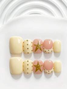 10片溫柔優雅手工穿戴式美甲貼片，Poly Gel美甲藝術套組，星星圖案，黃色與粉色指甲油，極簡風格，含美甲工具，3種尺寸可選：方形、短方形、杏仁形，適合派對、舞蹈、日常配戴 - 彩色 - 查看 2