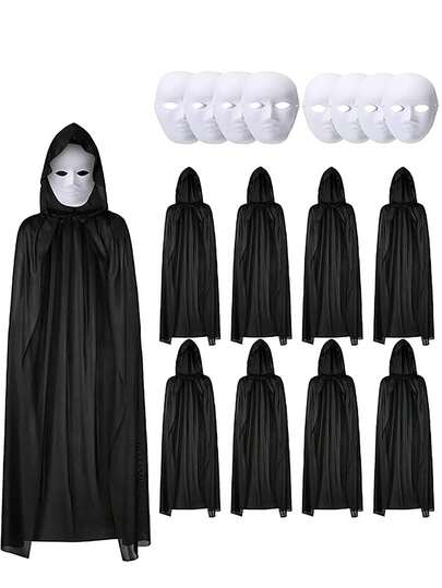 Halloween Black Cloak Masks Sets, Black Cloaks With Hood And Full Face Masks Invisible Cape Robe For Adult Halloween Costume Cosplay Carnivals Party