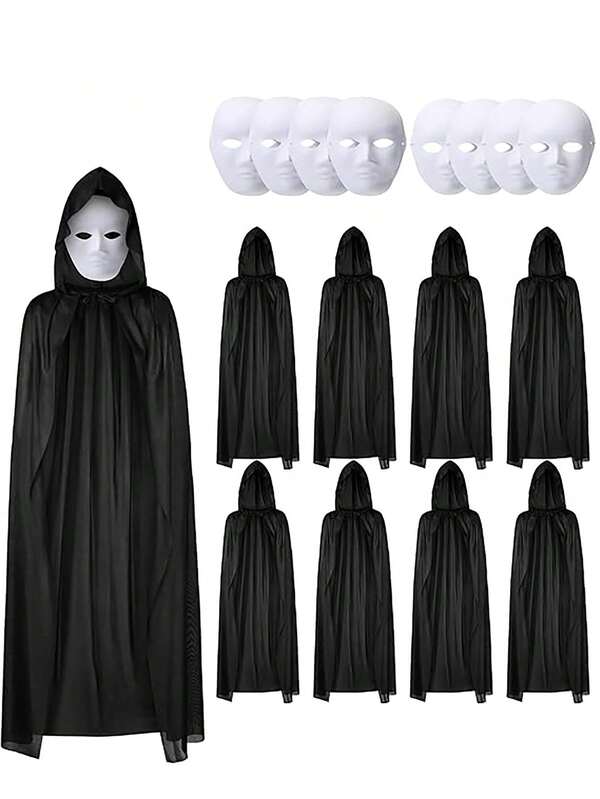 Halloween svarta kappset med masker, svarta kappor med huva och helmasker, osynlig cape och robe för vuxna, Halloween-kostym för cosplay, karneval och fest