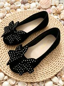 Children's Soft Sole Slip-On Casual Shoes With Large Bow Decoration - Black - View 5