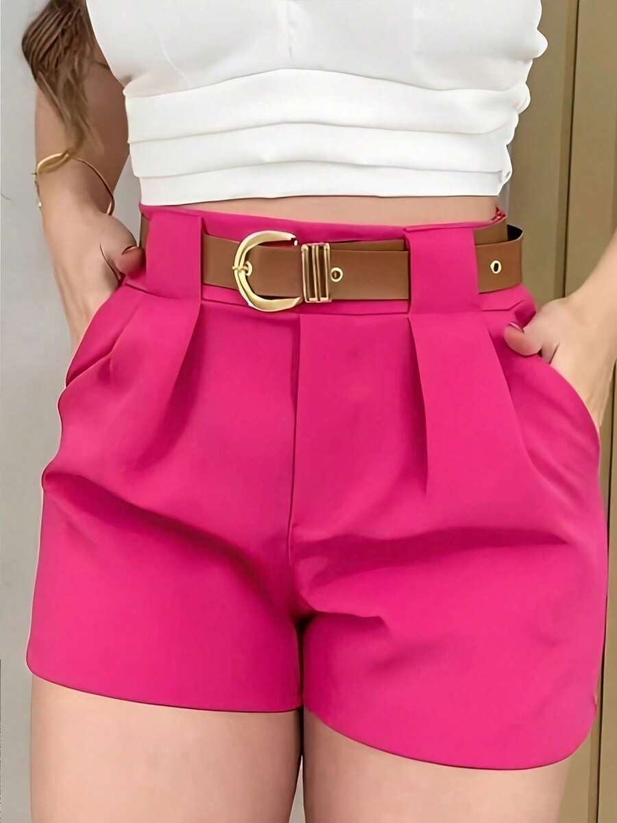 Women's Solid Color Loose Casual Shorts With Pockets And Pleats - 紅色 - 查看 1