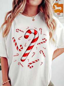 Camiseta de mujer 100% algodón puro, estilo bohemio navideño, con diseño de bastón de caramelo volador, rojo y blanco. - Blanco - Ver 1