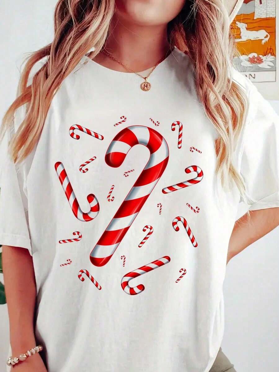 Camiseta de mujer 100% algodón puro, estilo bohemio navideño, con diseño de bastón de caramelo volador, rojo y blanco. - Blanco - Ver 1