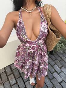 Women's Versatile Casual Halter Dress, Boho Print, Open Back With Bow, For Spring/Summer - Pearl White - View 1