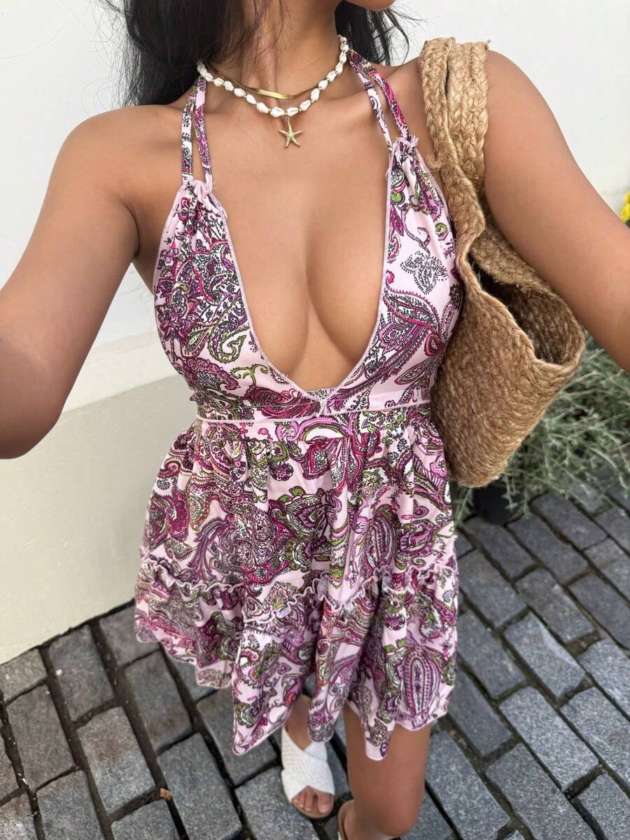Women's Versatile Casual Halter Dress, Boho Print, Open Back With Bow, For Spring/Summer - Pearl White - View 1