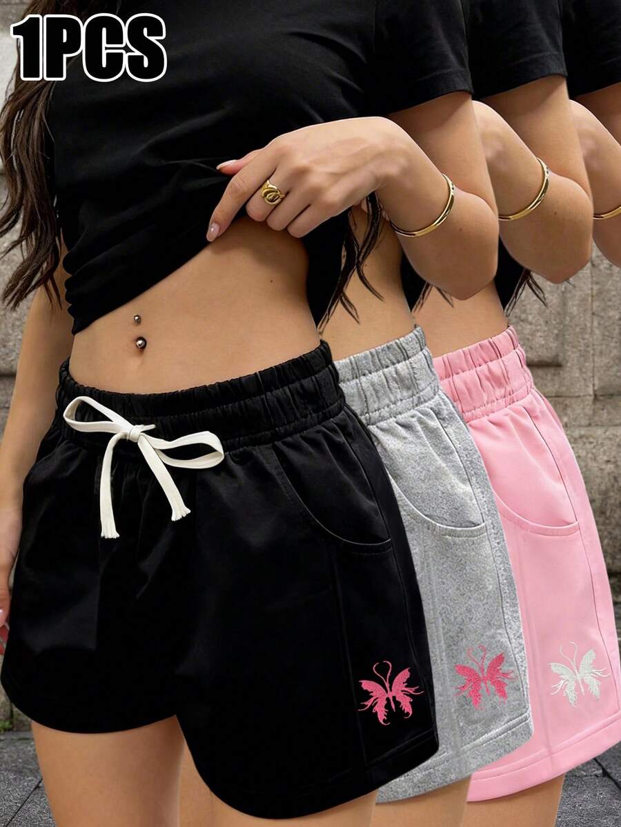 女款休閒短褲，彈性高腰抽繩設計，修身顯瘦，側面粉色蝴蝶刺繡，適合夏季