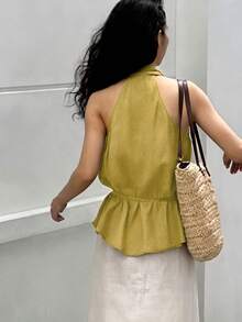 純色掛脖深V領設計腰部綁帶無袖女款背心上衣 - 芥末黃 - 查看 2