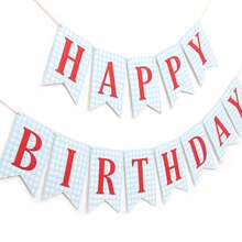 1 Set,Light & Blue White Gingham Happy Birthday Pennant Banner, Simple Checkered Base Red Letter DIY Cake Table Garland,Ideal For Birthday Party,BabyShower,Rustic Picnic,Retro Gingham Theme & Wall Backdrop Decor - Multicolor - View 2