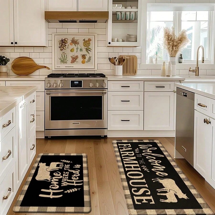 1pc, Home Decor, Cow Print Pattern, Linen Kitchen Rug, Kitchen Mat, Floor Mat, Bathroom Mat, Door Mat, 3D Printed Rectangular, Suitable For Living Room, Bedroom, Hallway, Bathroom, Laundry Room - Polyester Rug, Suitable For Indoor And Outdoor Home Decor - Multicolor - View 1