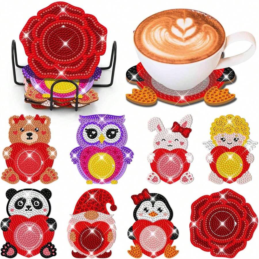 Heart 8pcs DIY Diamond Painting Coaster Set, Rounded High-Gloss Rhinestone Surface, Firm Adhesion With Complete Tool Kit, Easy For Beginners, Stress-Relief Craft, New Year Spring Festival Valentine's Day Christmas Teacher's Day Holiday Gift, Home Dining Table Coffee Table Heat-Insulating Decorative Coasters, Gift For Family Friends Besties Teachers