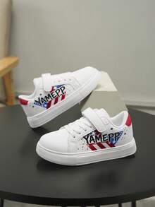 YAMEPP Kids' Colorblock Graffiti White Sneakers, Spring/Summer Canvas Lightweight Hook And Loop Campus Sports Shoes, Colorblock Letter Children's Flat Shoes, Star & Stripe Print White Sneakers, Student Casual Flat Shoes - Red and White - View 8