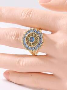 Bohemian Style Sunflower Design Double Layer Blue Synthetic Zirconia Inlaid Ring, Elegant Women's Ring, Sparkling Daily And Party Jewelry Accessory - Gold - View 3