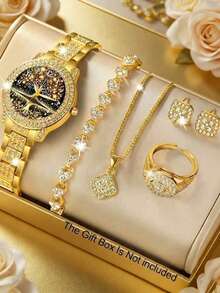 Set di 6 pezzi di orologio elegante da donna, set di gioielli placcati in oro di lusso con strass (include orologio, braccialetto, collana, orecchini e anello), regalo popolare e accessorio dorato scintillante. Design elegante, con strass dorati incastonati, adatto per il pendolarismo quotidiano, appuntamenti e shopping. Regalo per le vacanze, regalo di compleanno - Multicolore - Visualizzare 1
