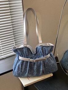 New Fashion Casual Solid Color Denim Fabric Tote Bag Star Pattern Pleated Fabric Women's Shoulder Bag - Blue - View 7