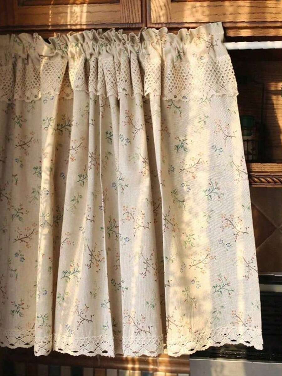 1pc Nordic Style Small Flower Decorative Curtain, Window/Door/Kitchen Curtain - Beige - View 1