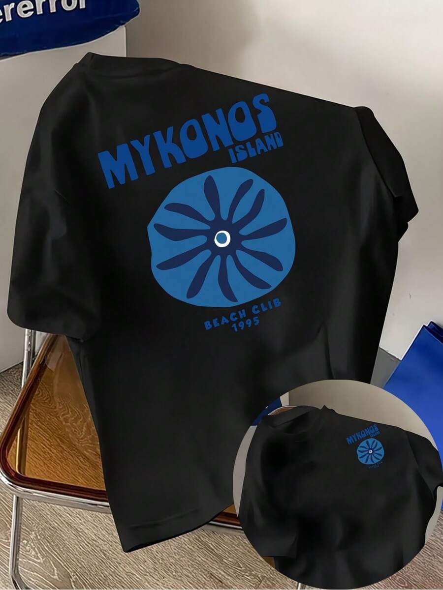 Men's Mykonos Beach Club 1995 Pattern T-Shirt - Blue And White Double-Sided Design, Casual Summer Shirt, Suitable For The Gym, Beach, Or Everyday Wear, Short Sleeve T-Shirt - 黑色 - 查看 1