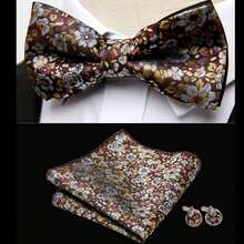 Gold Vintage Floral Design Men's Bow Tie, Pocket Square & Cufflinks 3-Piece Set, Perfect For Tuxedo And Formal Wear, Suitable For Formal Dinner, Wedding - Color Mixing - View 7