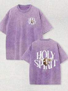 Printed T-Shirt With The Phrase "Power Of The Holy Spirit" | Vintage Washed Pure Cotton T-Shirt | Believe In Retro Street Style | Loose Summer Casual Shirt - 灰色 - 查看 6
