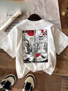 Camiseta de Manga Corta para Mujer con Estampado de Koi y Bambú Japonés - Cuello Redondo, Ajuste Regular - para Primavera y Verano, Lavable a Máquina, Diseño Artístico en la Espalda, Tela Li - Multicolor - Ver 1