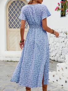 Floral Dress With Butterfly Sleeves And Leg Slit - Blue - View 7