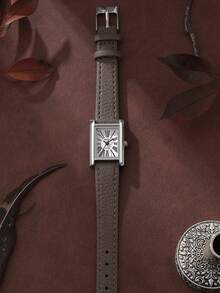 1pc Women's French Vintage Roman Numeral Square Quartz Wristwatch, Suitable For Daily Commute, Holiday Gift Wear - Grey - View 5