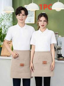 [Canvas Apron] 1pc Extended Waistband Reinforced Seams Kitchen Canvas Apron | Women's Restaurant Waitress Half Apron - Multicolor - View 12