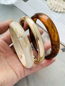 3件組復古厚款棕色、金色與米色壓克力樹脂合金手鍊，奢華高端，適合女性、情侶、禮物、派對及日常配戴（請參閱詳情中的尺寸表以找到適合您手臂的手鍊） - 三件套 - 查看 1