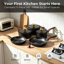 M MELENTA Pots And Pans Set Non Stick, 11-Piece Black Ceramic Cookware Set, Induction Hob Pan Set, Saucepan Set Non Stick With Lids,Apartment Dorm Cookware Budget Non-Stick Cookware Sets,Compact Size For 1-3 Persons Meal - View 9