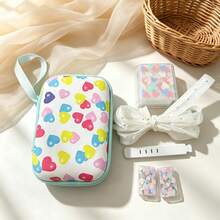 6pcs Colorful Heart/Cow Print Hard Shell Cable Organizer Set, Includes Storage Bag/Charging Case/Cable Clip/Pleated Chiffon Cable/Cable Protector, With Carrying Strap Ultra Portable, Used For CCD, Charger, Data Cable Partitioned Storage, Easy To Find Things When Going Out, No More Messy Bag - Multicolor - View 6