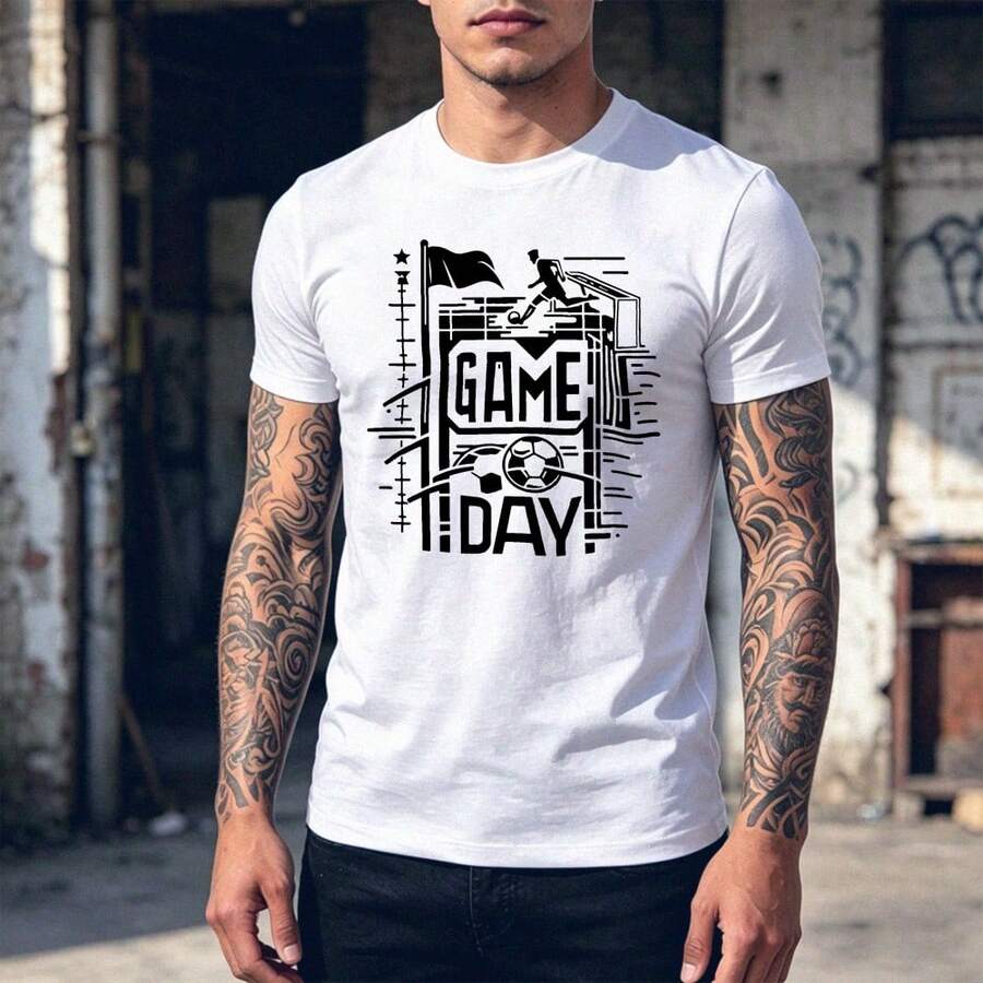 Diseño de fútbol con jugador y balón en estadio + camiseta ajustada + deporte & ocio + camiseta para hombre - Blanco - Ver 1