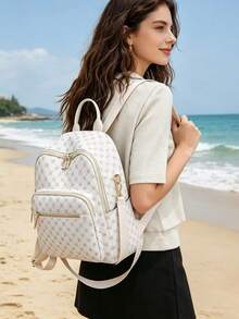 Large Capacity Backpack For Women, Classic Solid Color Handbag For Ladies - Blue - View 6