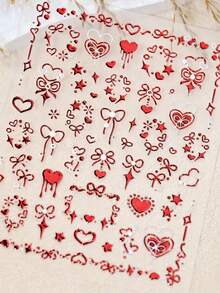 1pc Ins Viral Sweetheart Nail Art Stickers, Gold Foil Bow Embossed Rose Knot Heart Silver Foil Red Heart Nail Decals, Waterproof Easy Peel Non-Damaging No-Bake DIY Nail Stickers Beginner Friendly Nail Decoration - Multicolor - View 3