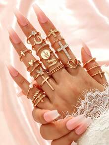 Juego de 22 piezas de anillos apilables vintage dorados, combinación de anillos para dedo con cruz, corazón, herradura, serpiente, strass y perlas para mujer - Dorado - Ver 1
