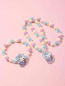 2件組 Sanrio 可愛小貓吊飾串珠手鍊、手鐲、項鍊套組，適合假期派對、學校，女孩生日禮物 - 彩色 - 查看 6