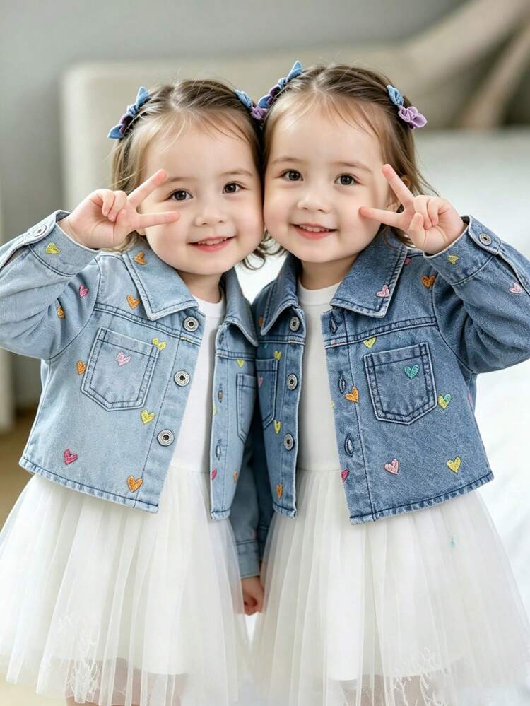 Baby Girls Colorful Heart Embroidery Denim Jacket & Mesh Tulle Dress 2 Piece Outfit Set New - Blue - View 2