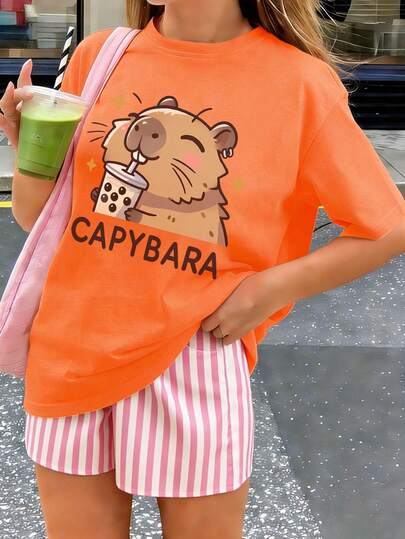 1pc Printed Pullover Short Sleeve T-Shirt For Tween Girl, Student Youth Children's Clothing, Summer Gift For Tween Girl