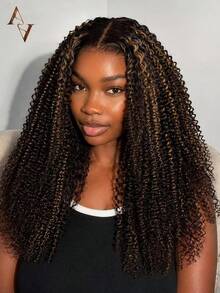 ARABELLA Afro Kinky Locken Blonde Highlights 6x6 T-Part Lace Frontal Perücke 100% Echthaar Mittelscheitel Transparente Spitze Vorgeschnitten Klebstofffrei 150% Dichte 14-16 Zoll Vorbleichen Kleine Knoten Frauen - Verschiedenfarbig - Übersicht 2