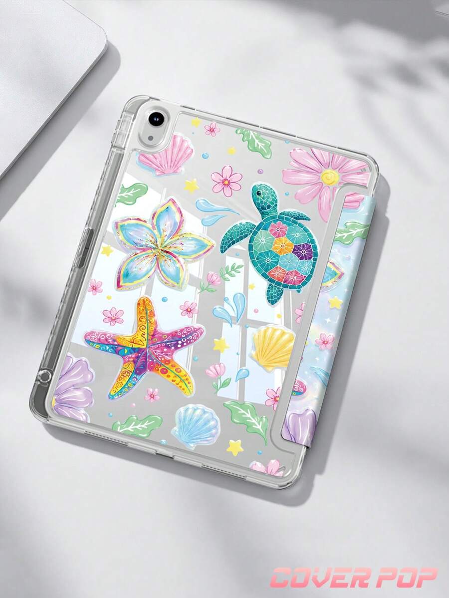 Turtle And Floral Pattern Tablet Protective Case Compatible With IPad Air 8 (M4) 2026 (11-Inch) / 2026 (13-Inch), 9.7/10.2/10.5/10.9/12.9/Pro 11/A16, 10th Generation, Kindle Paperwhite 12th Generation 2024, Kindle (11th Generation - 2024 Release), Soft Shockproof, Smart Sleep/Wake Function, Y-Shaped Folding Tablet Protective Case, Multi-Angle Viewing - Multicolor - View 1