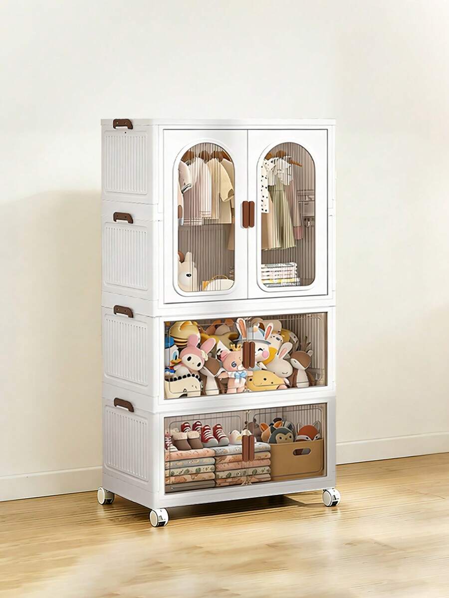 Scatola portaoggetti impilabile in plastica da 68 cm con coperchio, armadietto pieghevole con ruote, organizer per armadio e cassetti per casa e ufficio. - Bianco - Visualizzare 1