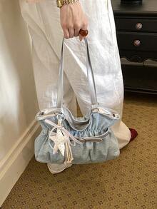 New Fashion Casual Solid Color Denim Fabric Tote Bag Star Pattern Pleated Fabric Women's Shoulder Bag - Baby Blue - View 4